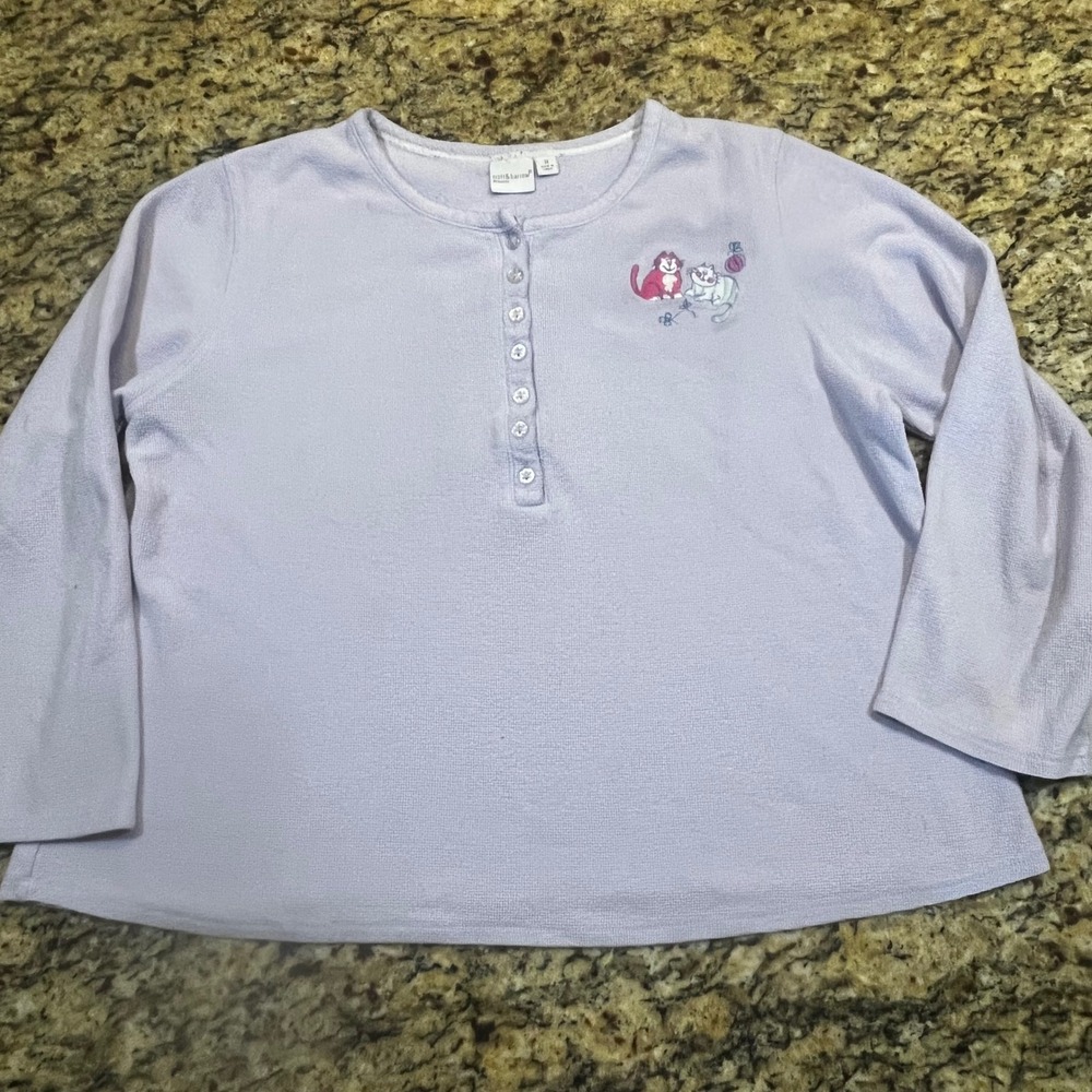 Croft & Barrow Intimates Lavender Waffle Knit Cat Henley Pajama Top‎ Womens 1X